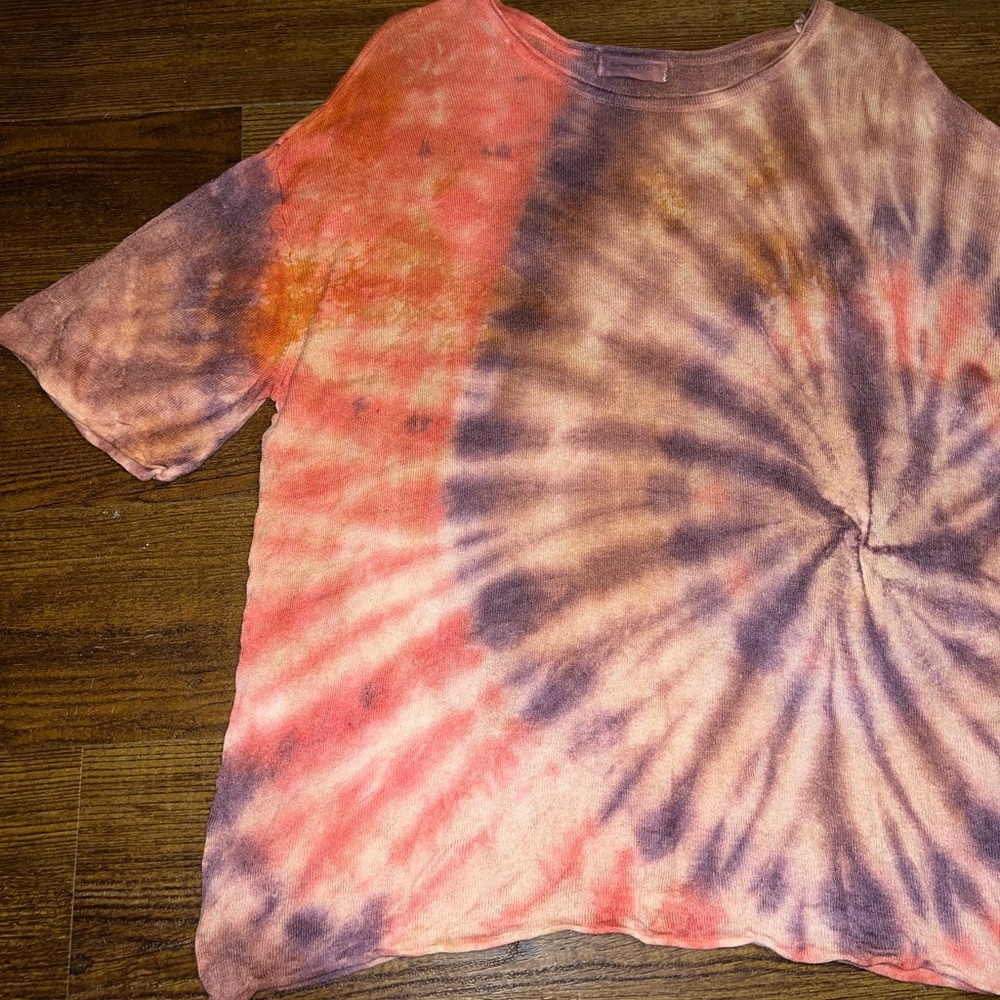 By Together Brown, Red & Purple Tie-Dye Linen Scoop Neck Short Sleeve Top Size L - Picture 9 of 13